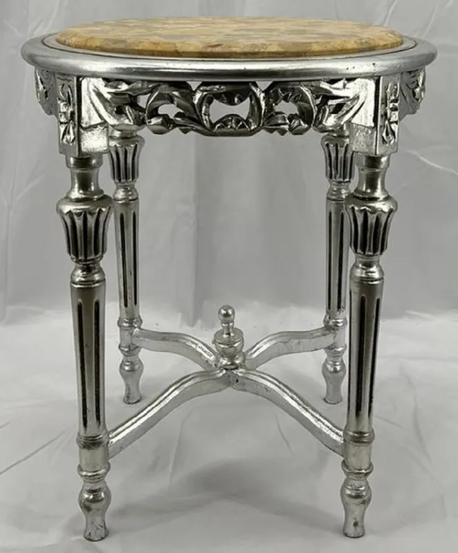 Top-Preis Casa Padrino Barock Beistelltisch Silber / Creme - Handgefertigter Antik Stil Massivholz Tisch mit Marmorplatte - Wohnzimmer Möbel im Barockstil - Antik Stil Möbel - Barock Einrichtung - Barock Möbel