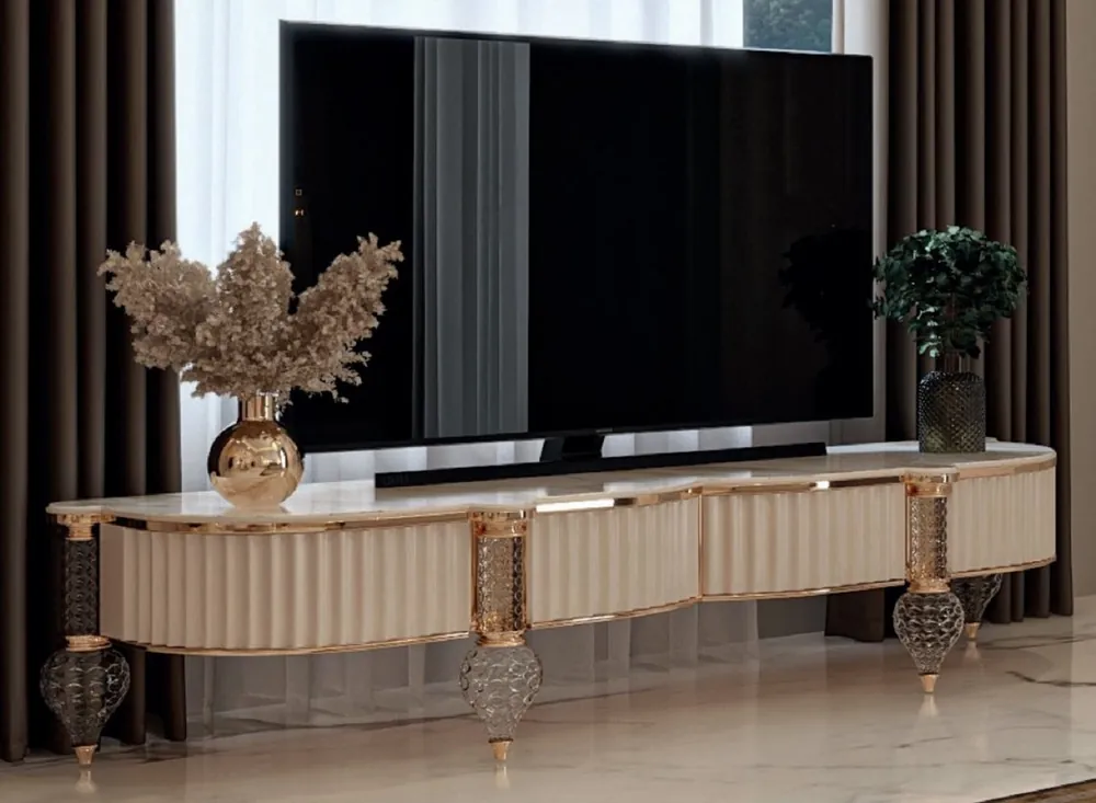 Casa Padrino Luxus Art Deco TV Schrank Weiß / Grau / Gold 246 x 60 x H. 56 cm - Massivholz Sideboard mit edler Kunstmarmor Platte - Art Deco Wohnzimmer Möbel - Luxus Wohnzimmer Möbel Online Kaufen