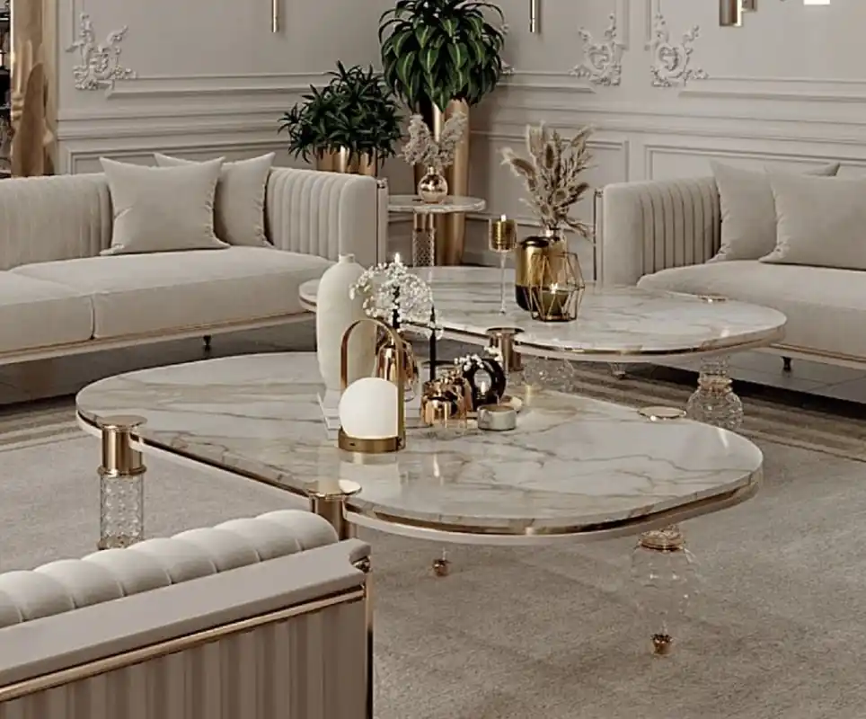 Sale Casa Padrino Luxus Art Deco Couchtisch Weiß / Grau / Gold 160 x 91 x H. 49 cm - Wohnzimmertisch mit edler Kunstmarmor Tischplatte - Art Deco Wohnzimmer Möbel - Luxus Wohnzimmer Möbel