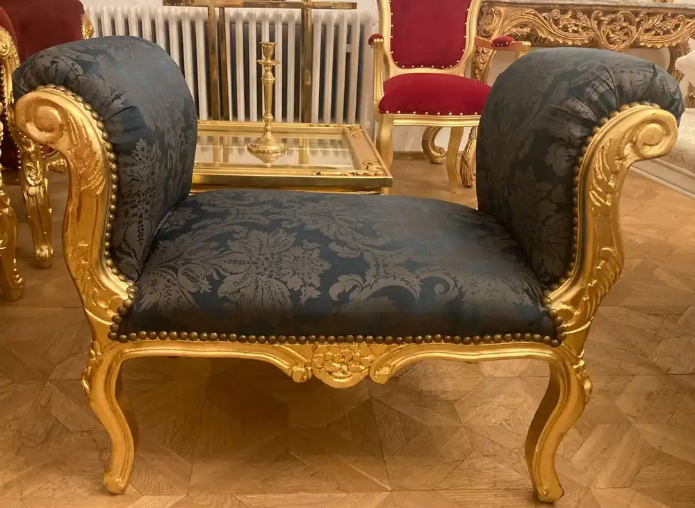 Casa Padrino Barock Schemel Dunkelblau / Grau / Gold - Handgefertigter Antik Stil Hocker - Barockstil Hocker - Wohnzimmer Möbel im Barockstil - Barockstil Möbel - Barock Möbel - Barock Einrichtung Direktkauf