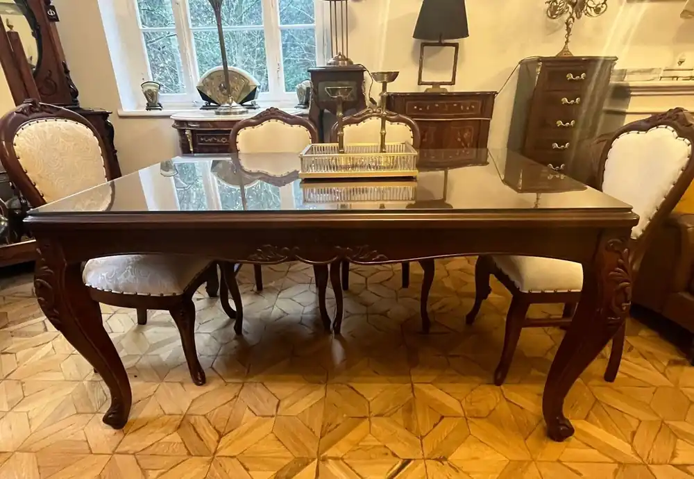 Finale Aktion Casa Padrino Luxus Barock Esstisch mit Glasplatte Dunkelbraun - Handgefertigter Massivholz Esszimmertisch - Luxus Esszimmer Möbel im Barockstil - Barock Möbel - Barock Einrichtung