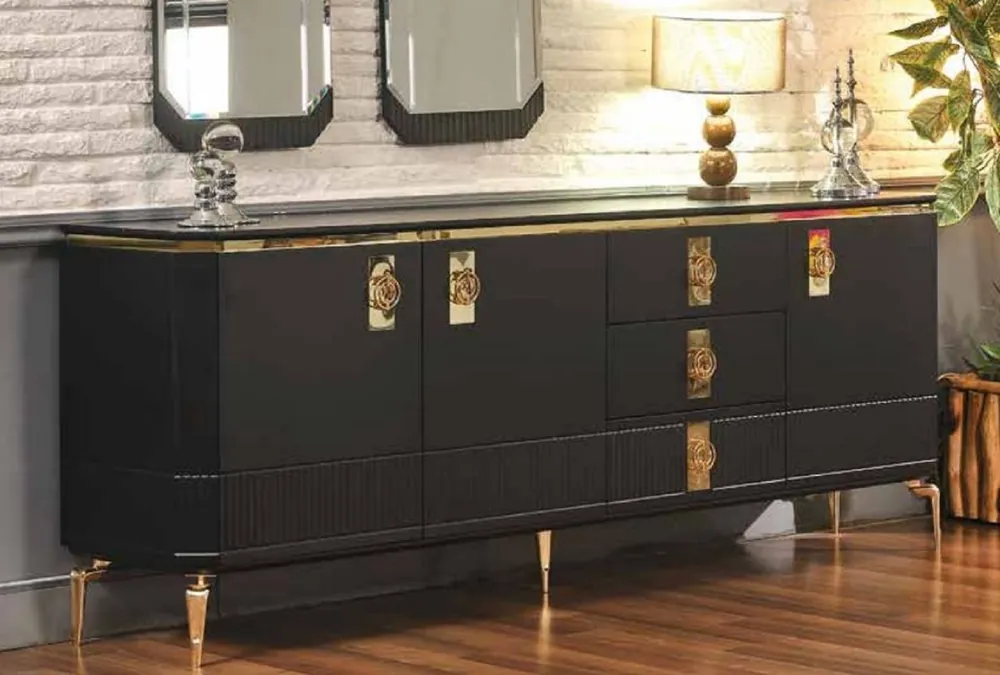 Neue Kollektion Casa Padrino Luxus Art Deco Sideboard Schwarz / Gold 200 x 41 x H. 77 cm - Edler Massivholz Schrank mit 3 Türen und 3 Schubladen - Art Deco Möbel - Luxus Möbel