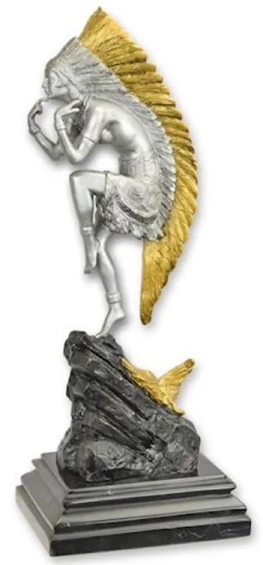 Casa Padrino Luxus Bronze Deko Skulptur Indianerin Silber / Gold / Schwarz 10,1 x 13 x H. 32,8 cm - Bronze Deko Figur - Schreibtisch Deko - Deko Accessoires - Luxus Accessoires Billig