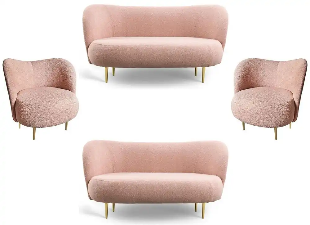 Super-Preis Casa Padrino Luxus Wohnzimmer Set Rosa / Gold - 2 Luxus Sofas mit gebogener Rückenlehne & 2 Luxus Sessel mit gebogener Rückenlehne - Luxus Einrichtung - Wohnzimmer Möbel - Luxus Möbel