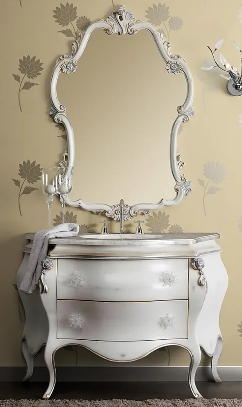 Casa Padrino Luxus Barock Badezimmer Set Weiß / Silber - 1 Barock Waschtisch & 1 Barock Wandspiegel - Luxus Badezimmer Möbel im Barockstil - Barock Möbel - Luxus Qualität - Made in Italy Direktkauf