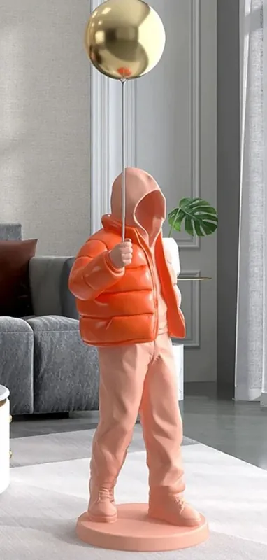 Billig Casa Padrino Luxus Designer XXL Deko Skulptur Junge mit Luftballon Rosa / Orange / Gold H. 68 cm - XXL Kunstharz Deko Figur - Wohnzimmer Deko - Luxus Deko Accessoires - Luxus Qualität