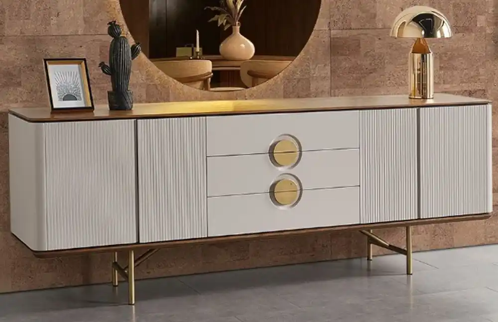 Markenware Casa Padrino Luxus Sideboard Hellgrau / Braun / Messing 220 x 50 x H. 80 cm - Massivholz Schrank mit 4 Türen und 3 Schubladen - Massivholz Möbel - Luxus Möbel - Luxus Einrichtung