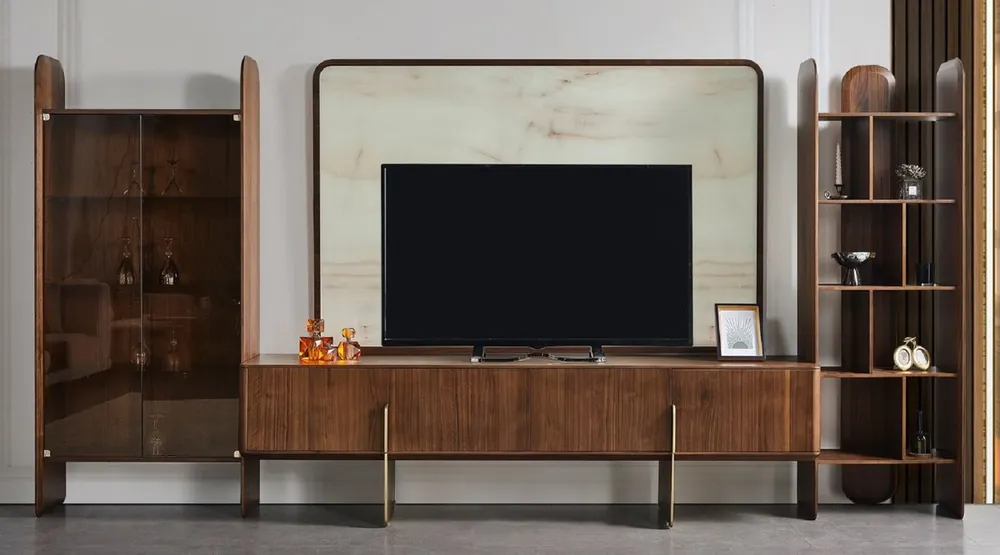 Nur Heute Casa Padrino Luxus Wohnzimmer TV Schrank Set Braun / Creme / Messing - 1 TV Schrank & 1 TV Rückwand & 1 Vitrine & 1 Regalschrank - Wohnzimmer Möbel - Massivholz Möbel - Luxus Möbel