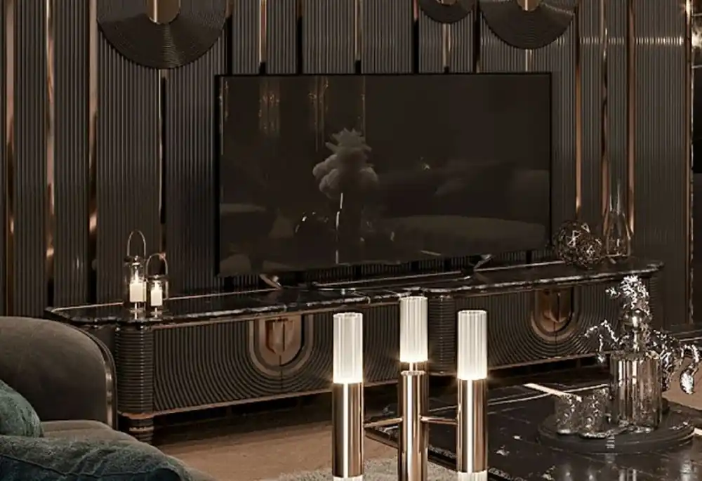 Casa Padrino Luxus TV Schrank Grau / Gold / Schwarz 250 x 52 x H. 50 cm - Massivholz Sideboard mit edler Kunstmarmor Platte - Wohnzimmer Möbel - Luxus Möbel - Luxus Einrichtung Finale Aktion