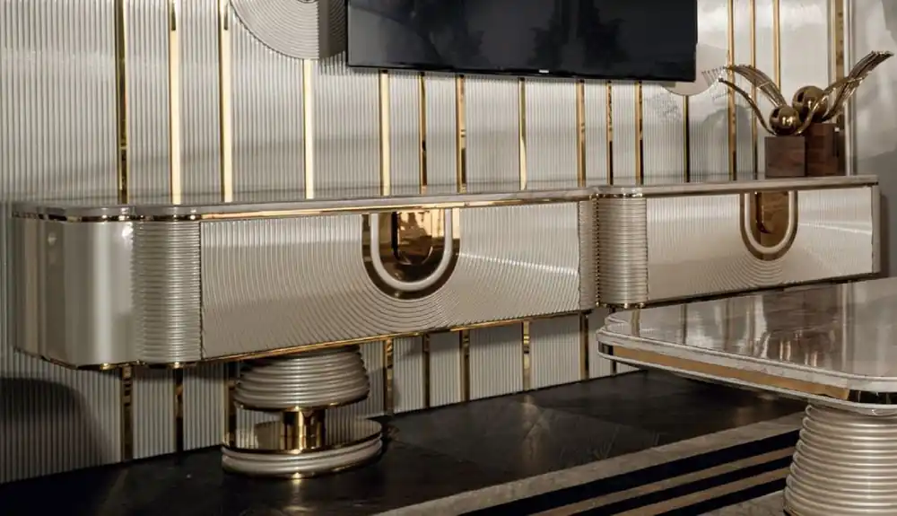 Casa Padrino Luxus TV Schrank Grau / Gold 250 x 52 x H. 50 cm - Massivholz Sideboard mit edler Kunstmarmor Platte - Wohnzimmer Möbel - Luxus Möbel - Luxus Einrichtung Zertifiziert