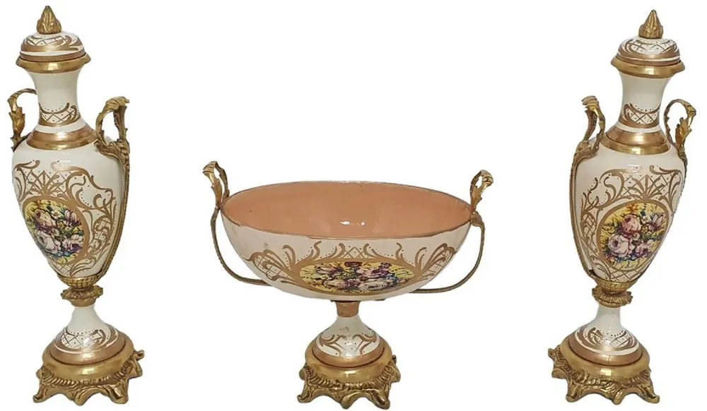 Direktkauf Casa Padrino Barock Deko Keramik Vasen Set mit Schale Creme / Mehrfarbig / Messing - Prunkvolle Deko im Barockstil - Barock Deko Accessoires - Barock Möbel - Edel & Prunkvoll