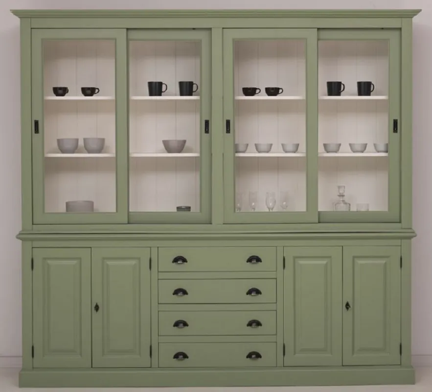 Casa Padrino Landhausstil Esszimmerschrank Grün / Weiß 240 x 47 x H. 220 cm - Massivholz Küchenschrank - Esszimmer Möbel im Landhausstil - Landhausstil Esszimmer Einrichtung Bestpreis