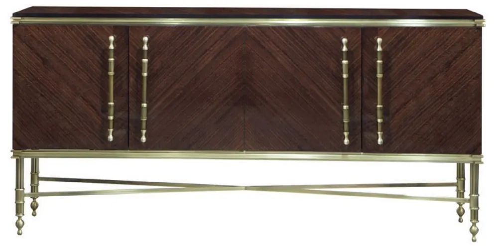 Casa Padrino Luxus Sideboard Dunkelbraun Hochglanz / Matt Gold 222 x 52 x H. 100 cm - Edler Massivholz Schrank mit 4 Türen - Luxus Möbel - Luxus Einrichtung Schneller Versand