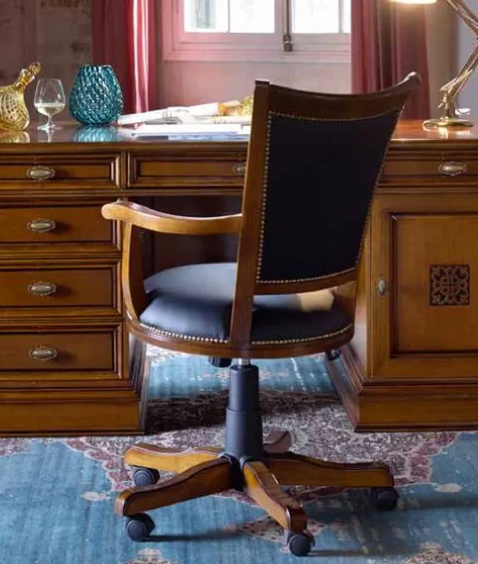 Schneller Versand Casa Padrino Luxus Bürostuhl Schwarz / Braun - Höhenverstellbarer Schreibtischstuhl - Drehstuhl mit edlem Kunstleder - Luxus Büro Möbel - Luxus Qualität - Made in Italy