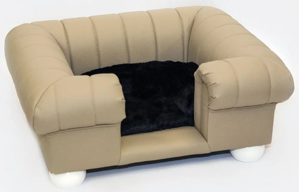 Casa Padrino Luxus Leder Hundebett Beige / Weiß / Schwarz 79 x 69 x H. 31 cm - Rechteckiges Echtleder Hundebett - Luxus Tiermöbel - Leder Tiermöbel - Hundemöbel Markenprodukt