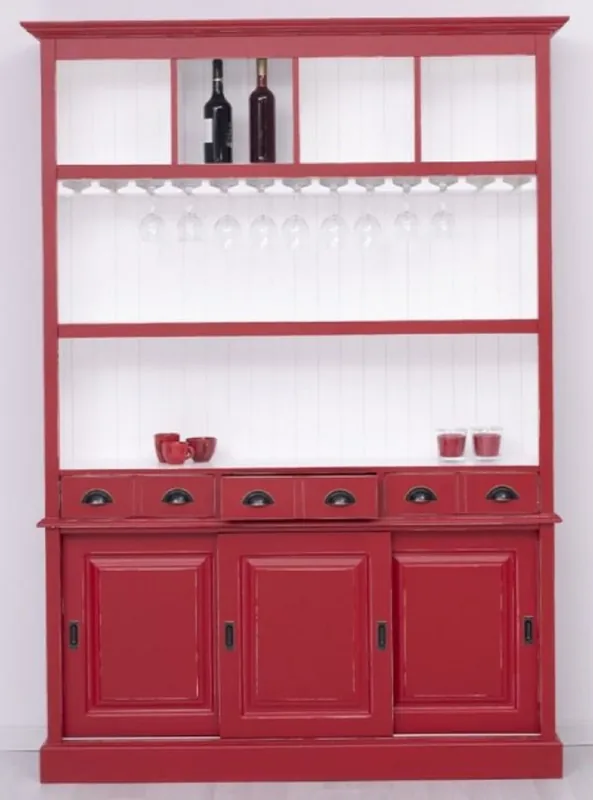 Casa Padrino Landhausstil Massivholz Barschrank Antik Rot / Weiß 151 x 36 x H. 210 cm - Massivholz Weinschrank im Landhausstil - Massivholz Bar Möbel - Landhausstil Bar Möbel Preisreduziert