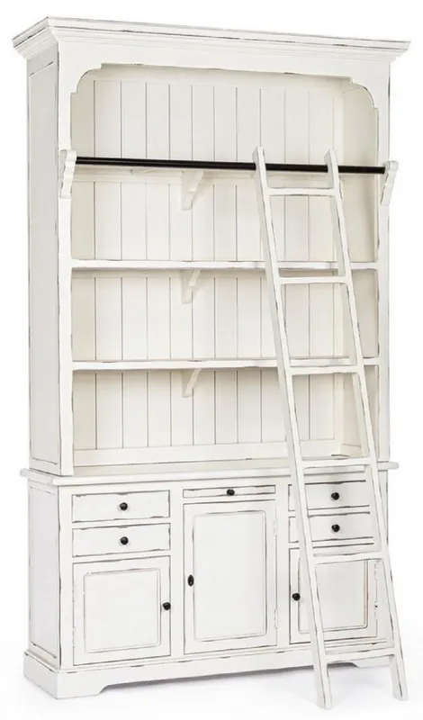 Casa Padrino Landhausstil Schrank mit Leiter Antik Weiß 143,5 x 40,6 x H. 233,7 cm - Bücherschrank - Regalschrank - Wohnzimmerschrank - Büroschrank - Landhausstil Möbel Bestpreis