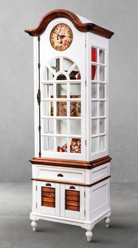 Zertifiziert Casa Padrino Luxus Landhausstil Schrank mit Uhr Antik Weiß / Braun 73 x 50,5 x H. 213 cm - Landhausstil Esszimmerschrank - Landhausstil Vitrine - Landhausstil Esszimmer Möbel