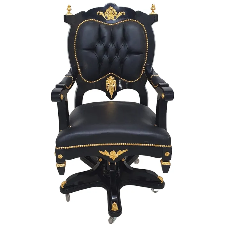 Casa Padrino Barock Bürostuhl Chefsessel Schwarz / Gold - Drehsessel - Büro Sessel Super-Preis