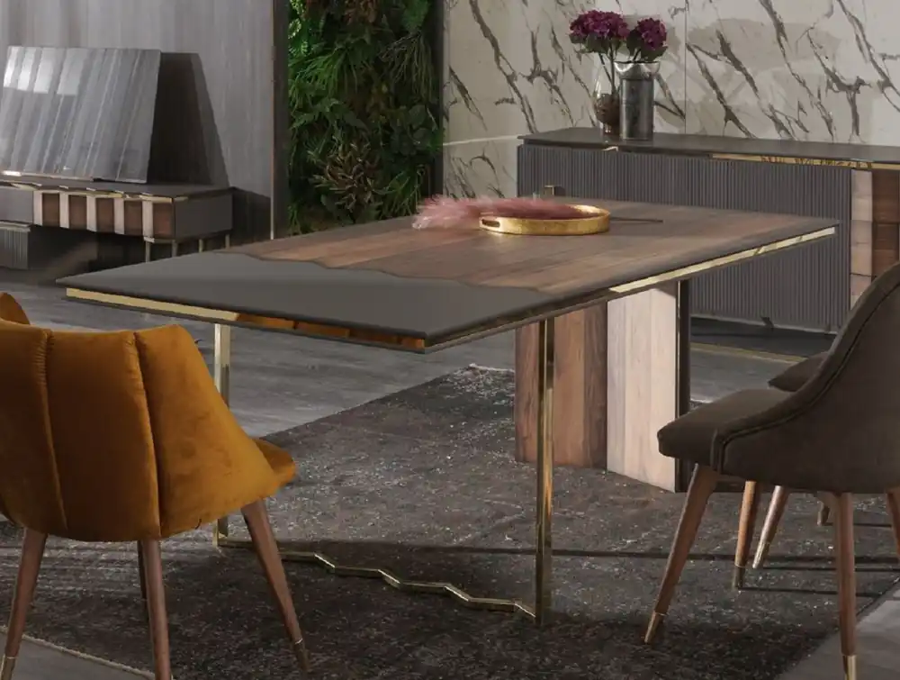 Casa Padrino Luxus Esstisch Braun / Grau / Gold 220 x 105 x H. 75 cm - Rechteckiger Küchentisch - Esszimmer Möbel - Küchen Möbel - Luxus Möbel - Luxus Einrichtung Geprüft