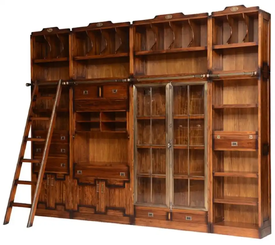 Jetzt Kaufen Casa Padrino Luxus Vintage Stil Bücherschrank mit Leiter Braun 331 x 34 x H. 256 cm - Massivholz Schrank - Regalschrank - Wohnzimmerschrank - Büroschrank - Luxus Massivholz Möbel - Büro Möbel
