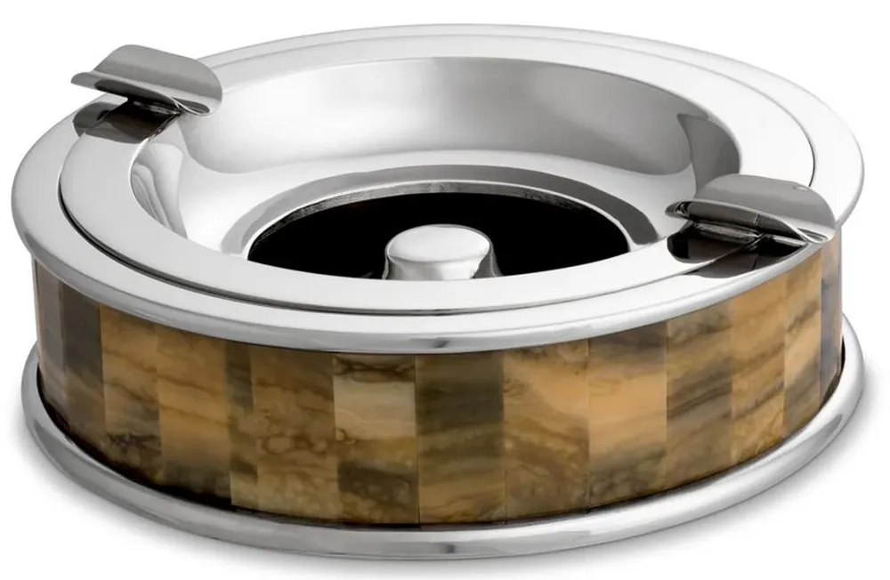 Casa Padrino Luxus Aschenbecher Silber / Braun Ø 20,5 x H. 6,5 cm - Runder dekorativer Aschenbecher - Deko Accessoires - Luxus Qualität Wochenendangebot