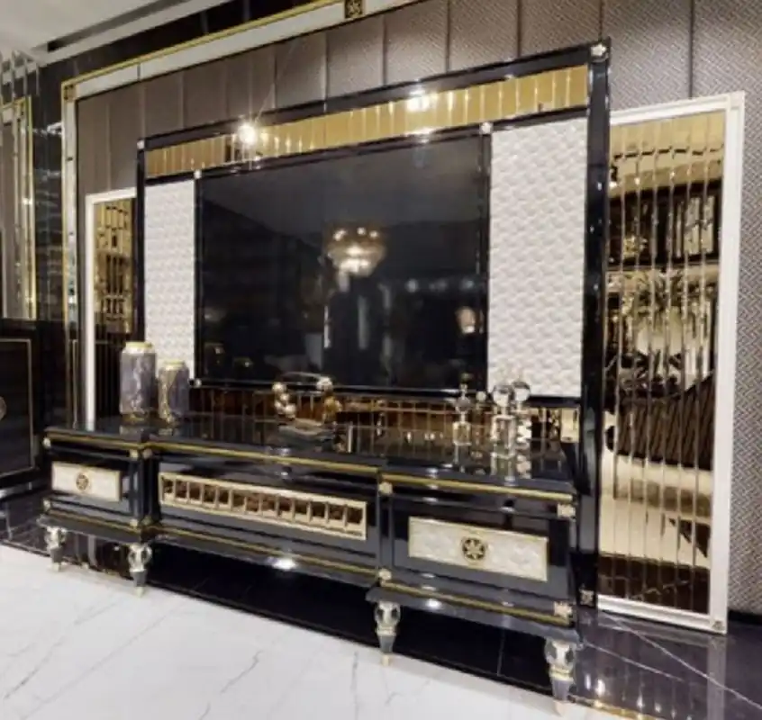 Casa Padrino Luxus Art Deco TV Schrank Set Schwarz / Weiß / Gold - Prunkvolles Wohnzimmer Sideboard mit TV Rückwand - Art Deco Wohnzimmer Möbel - Luxus Kollektion Preiswert