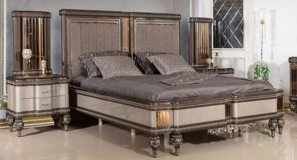 Markenware Casa Padrino Luxus Barock Schlafzimmer Set Grau / Dunkelbraun / Gold - 1 Barock Doppelbett mit Kopfteil & 2 Barock Nachtkommoden - Luxus Schlafzimmer Möbel im Barockstil - Barock Interior
