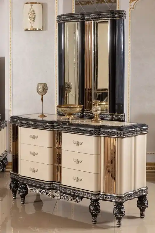 Jetzt Bestellen Casa Padrino Luxus Barock Kommode mit Spiegel Beige / Schwarz / Gold - Barockstil Schlafzimmer Kommode mit Spiegel - Luxus Schlafzimmer Möbel im Barockstil - Barock Möbel - Edel & Prunkvoll