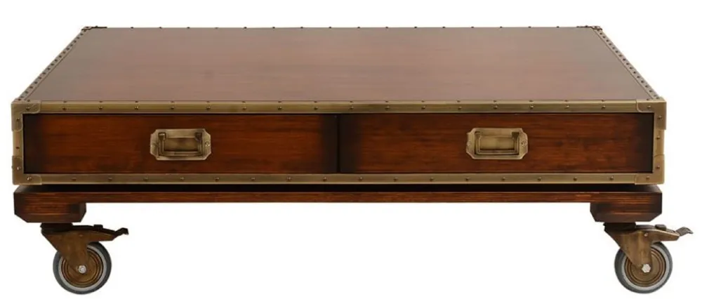 Schneller Versand Casa Padrino Luxus Vintage Stil Couchtisch Braun / Messing 109 x 109 x H. 35 cm - Quadratischer Massivholz Wohnzimmertisch mit Rollen und Schubladen - Vintage Stil Wohnzimmer Möbel - Luxus Möbel
