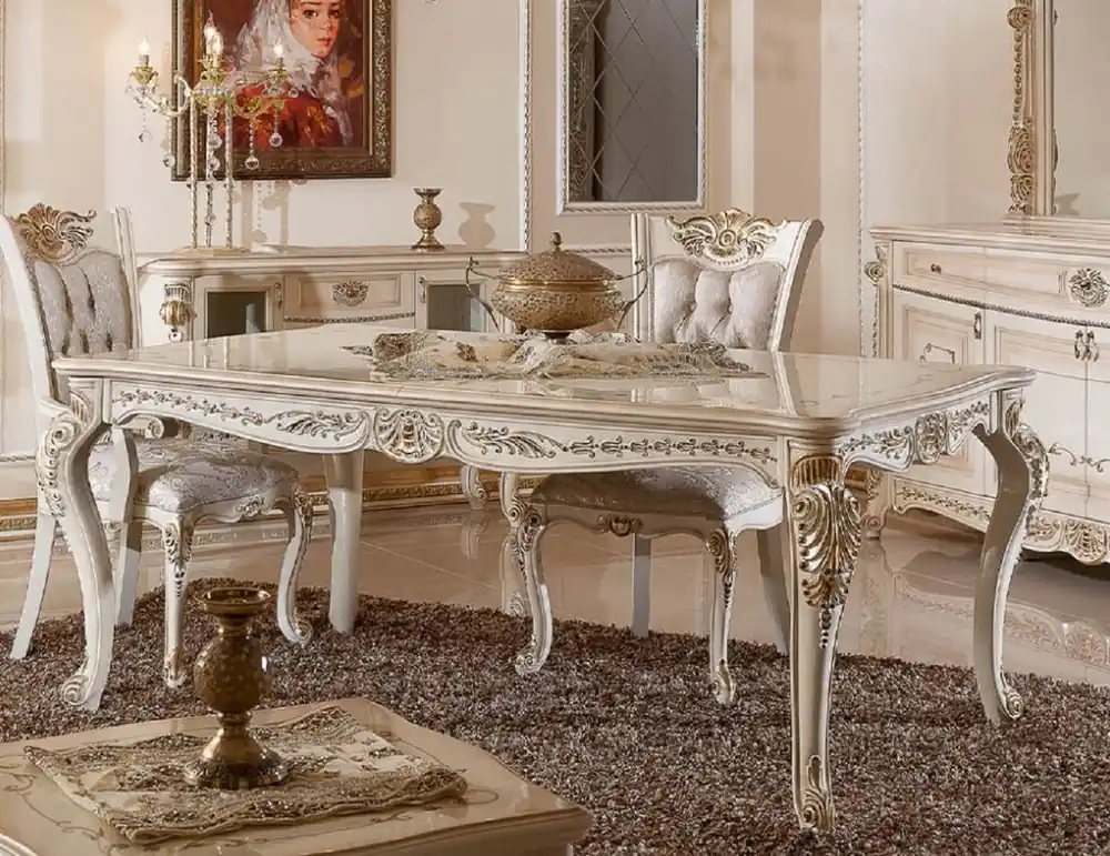 Casa Padrino Luxus Barock Esstisch Weiß / Beige / Gold - Rechteckiger Barockstil Küchentisch - Luxus Esszimmer Möbel im Barockstil - Barock Esszimmer Möbel - Barock Einrichtung Beliebt