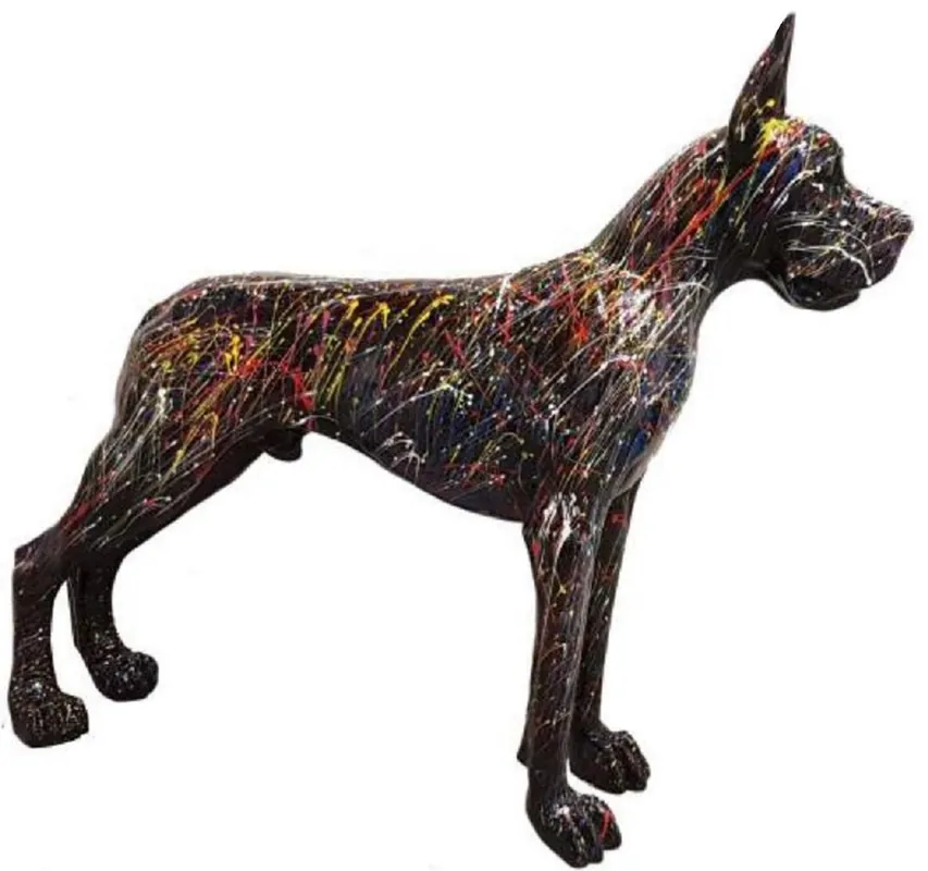 Casa Padrino Luxus Deko Skulptur Hund Dogge Schwarz / Bunt 125 x H. 110 cm - Lebensgroße Deko Figur - XXL Deko Skulptur - XXL Deko Figur - Wohnzimmer Deko - Garten Deko - Luxus Deko XXL Figuren Must-Have