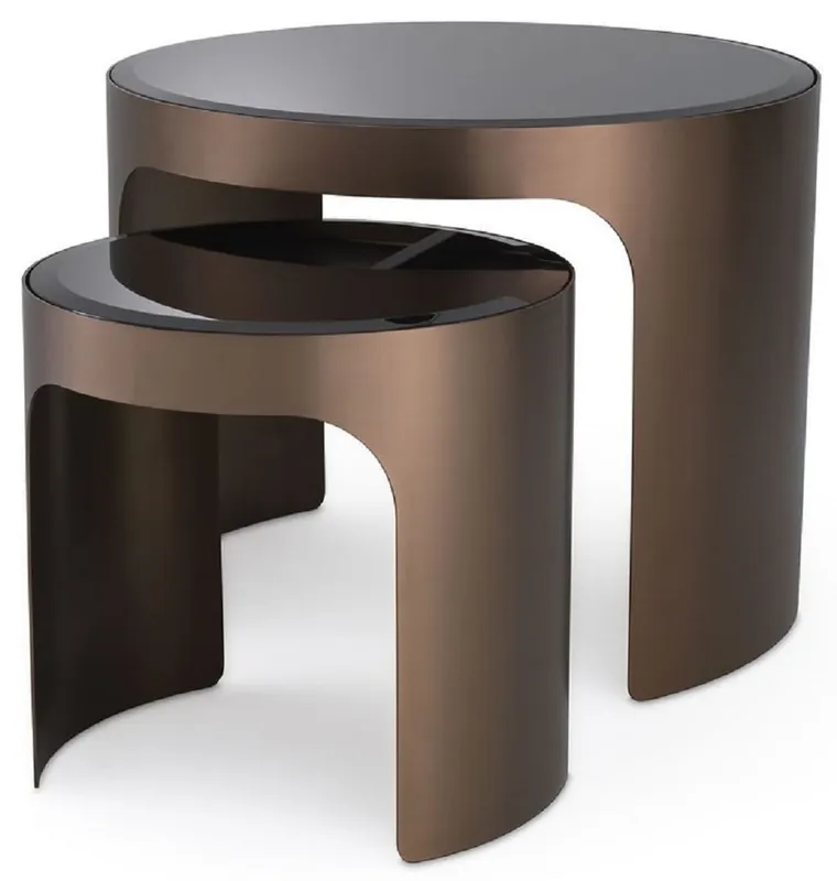 Casa Padrino luxury side table set copper / black - 2 round stainless steel tables with beveled glass tops - Luxury living room furniture Preisreduziert