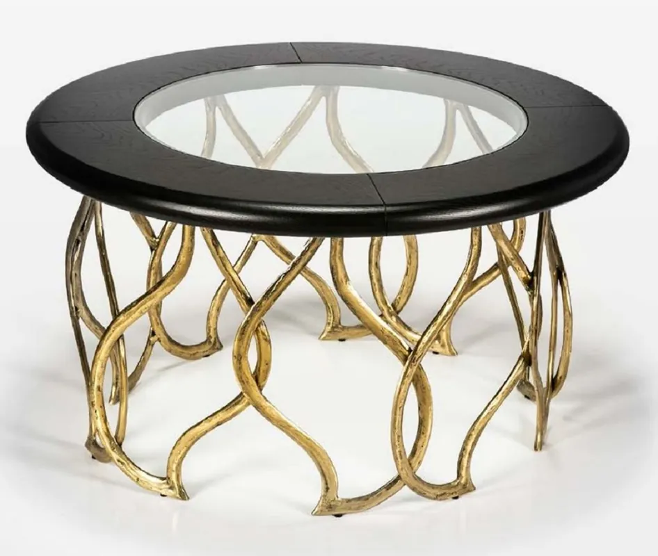 Casa Padrino luxury coffee table black / brass Ø 80 x H. 45 cm - Round living room table with glass top - Luxury living room furniture Saisonangebot