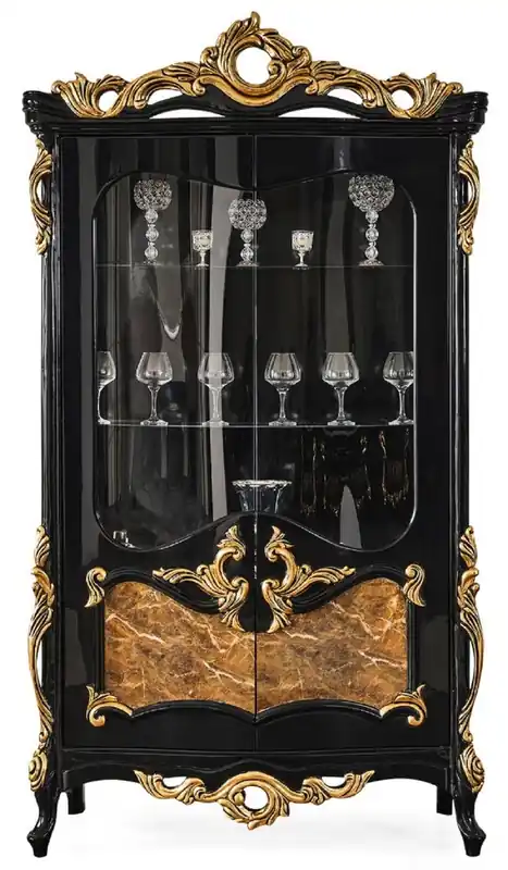 Casa Padrino luxury baroque display cabinet black / brown / gold 156 x 50 x H. 220 cm - Magnificent solid wood showcase with 2 glass doors - Baroque Furniture Neu Im Sortiment
