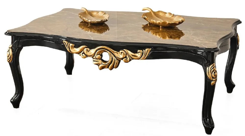 Casa Padrino luxury baroque coffee table brown / black / gold 117 x 77 x H. 46 cm - Magnificent solid wood living room table with table top in marble look - Baroque Furniture Online Kaufen