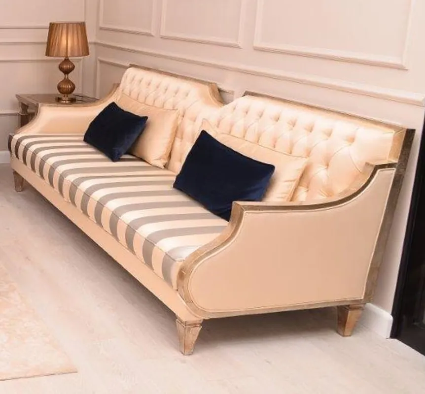 Casa Padrino luxury baroque sofa beige / silver / gold - Handmade living room sofa with stripes - Baroque living room furniture - Noble & Magnificent Preisreduziert