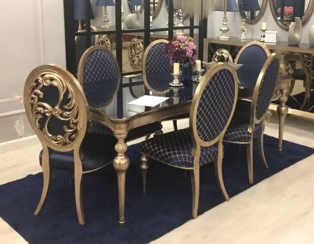 Casa Padrino luxury baroque dining room set blue / antique gold - 1 Dining Table & 6 Dining Chairs - Baroque Dining Furniture - Noble & Magnificent Jetzt Bestellen