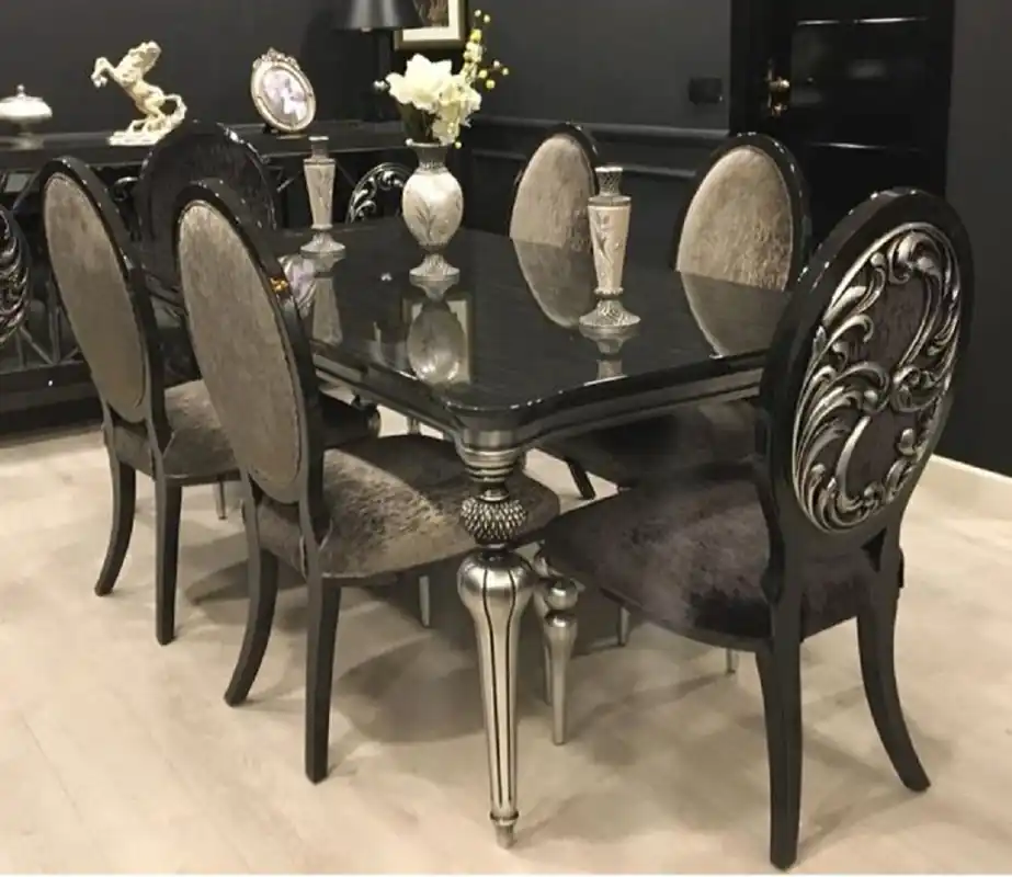 Casa Padrino luxury baroque dining room set black / gray / silver - 1 Dining Table & 6 Dining Chairs - Baroque Dining Furniture - Noble & Magnificent Must-Have