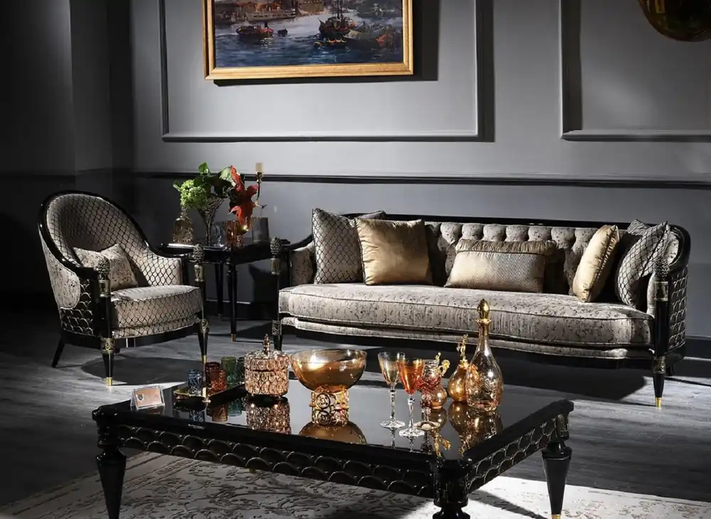 Casa Padrino Luxury Baroque Living Room Set Silver Gray / Black / Gold - 2 Sofas & 2 Armchairs & 1 Coffee Table & 2 Side Tables - Magnificent Baroque Furniture - Luxury Quality Direktkauf
