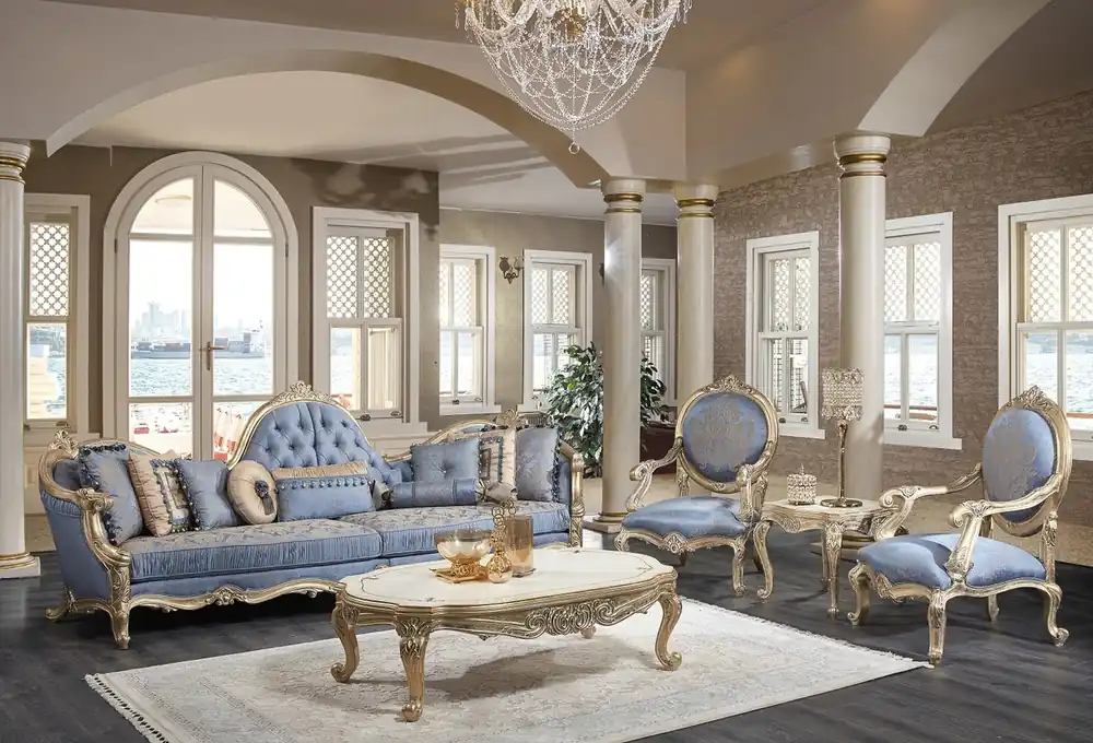 Direktkauf Casa Padrino luxury baroque living room set light blue / white / antique gold - 2 Sofas & 2 Armchairs & 1 Coffee Table & 2 Side Tables - Baroque living room furniture - Noble & Magnificent