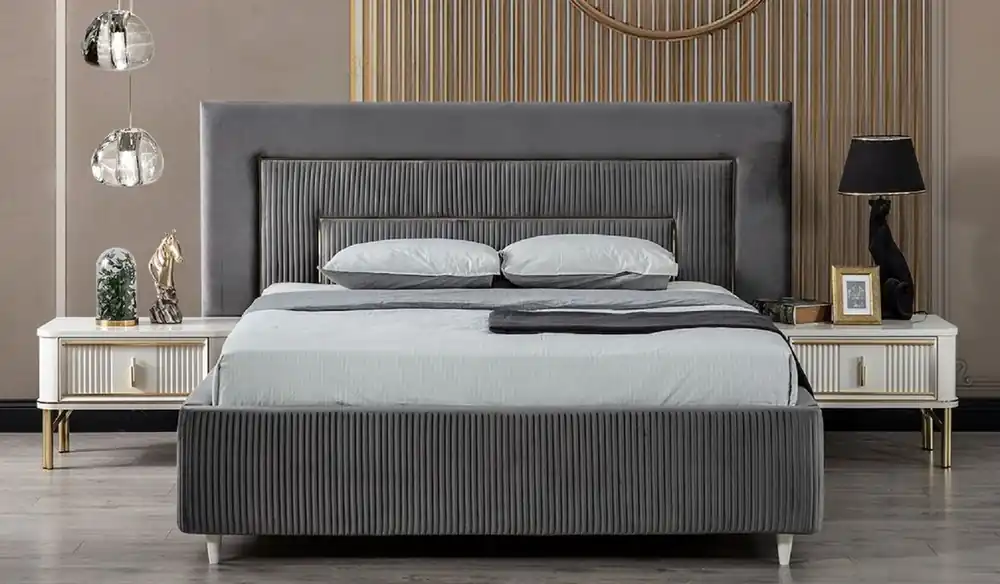 Casa Padrino luxury solid wood bedroom set gray / white / gold - 1 Double Bed with Headboard & 2 Bedside Tables - Bedroom Furniture - Luxury Collection Sofort Bestellen