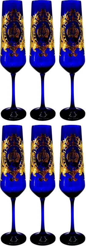 Pompöös by Casa Padrino luxury champagne glass set royal blue / gold Ø 6 x H. 25 cm - Champagne glasses with 24 carat gold plating - Pompous glasses designed by Harald Glööckler Neu