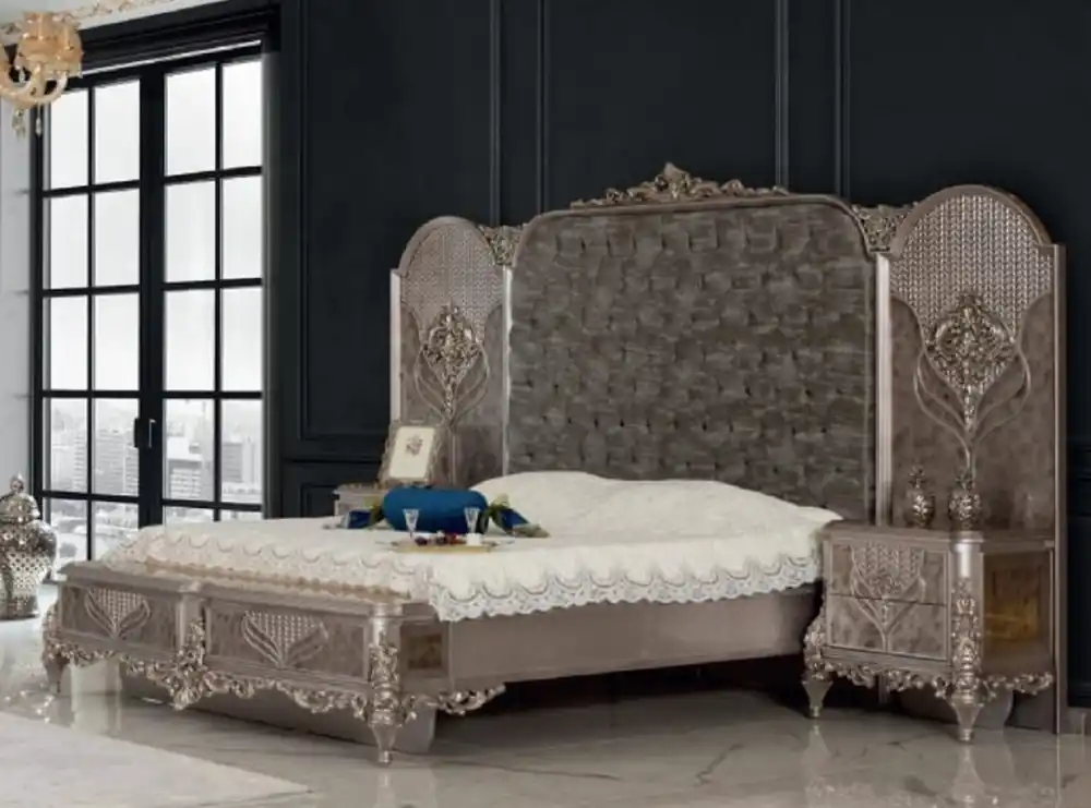 Finale Aktion Casa Padrino luxury baroque bedroom set silver - 1 Double Bed with Headboard & 2 Bedside Tables - Bedroom furniture in baroque style - Noble & Magnificent