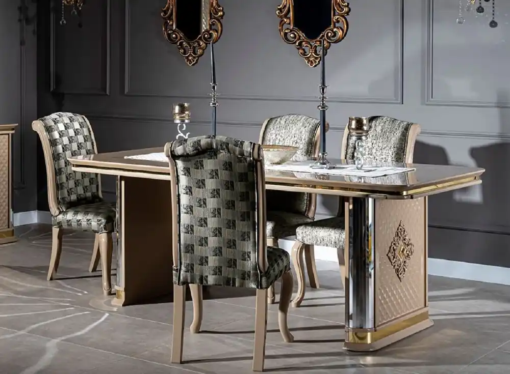 Schnäppchen Casa Padrino Luxury Art Deco Dining Room Set Beige / Gold - 1 Dining Table & 6 Dining Chairs - Handcrafted Art Deco Dining Room Furniture