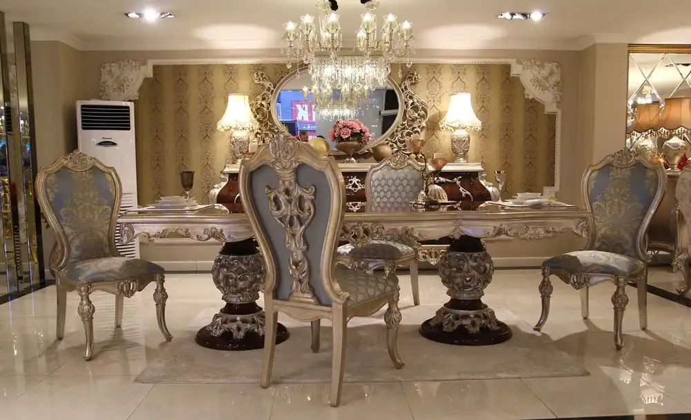 Casa Padrino luxury baroque dining room chair set light blue / beige / silver - Magnificent kitchen chairs set of 8 - Baroque dining room furniture Jetzt Kaufen