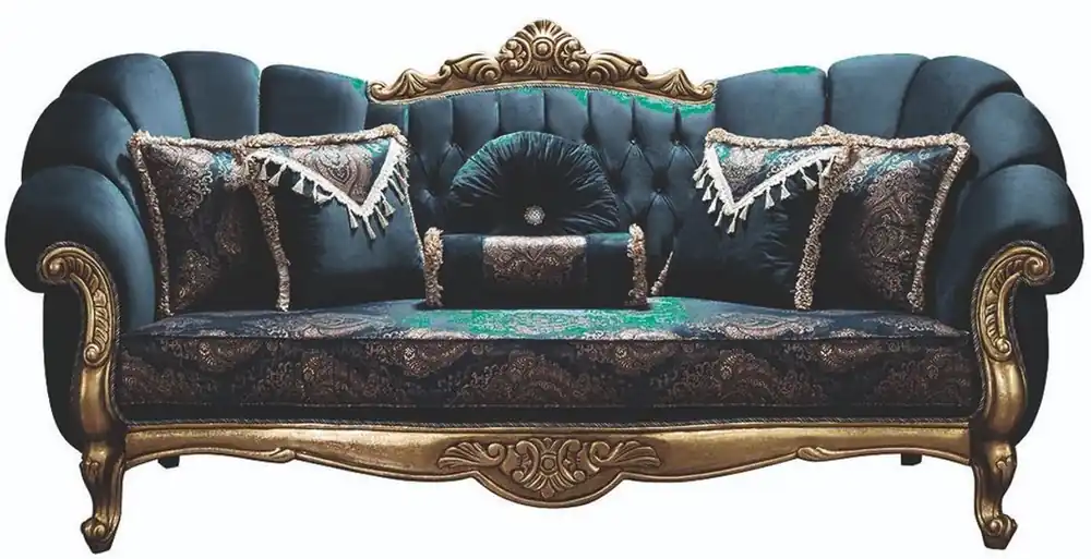 Letzte Chance Casa Padrino luxury baroque sofa blue / gold 220 x 90 x H. 110 cm - Ornate Living Room Sofa with Rhinestones and Decorative Pillows