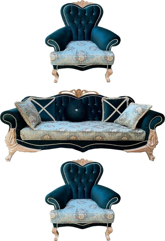Preisknaller Casa Padrino luxury baroque living room set with elegant floral pattern and rhinestones turquoise / green / cream - 1 Sofa & 2 Armchairs - Magnificent baroque living room furniture