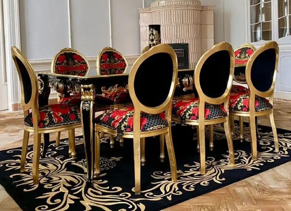 Rabatt Pompöös by Casa Padrino Luxury Baroque Dining Room Set - Pompöös Baroque Dining Table with Glass Top and 8 Chairs Designed by Harald Glööckler - Baroque Dining Room Furniture