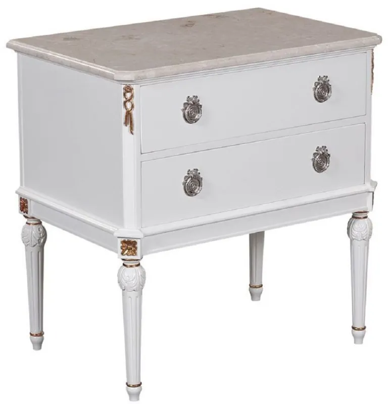 Casa Padrino luxury baroque bedside table white / cream / antique gold / silver - Handmade solid wood bedside table with marble top - Baroque bedroom furniture Neuheit